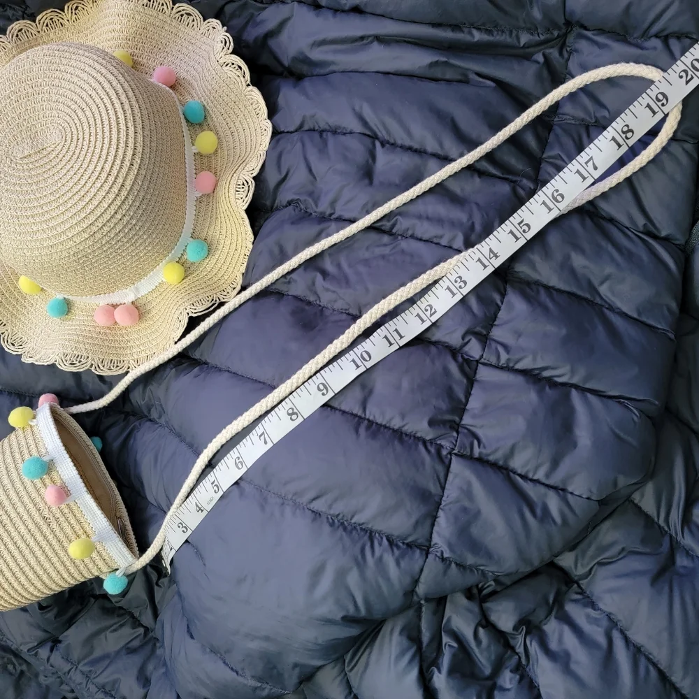 Kids Straw & Pastel Pom Pom Summer Hat & Matching Mini Purse Set